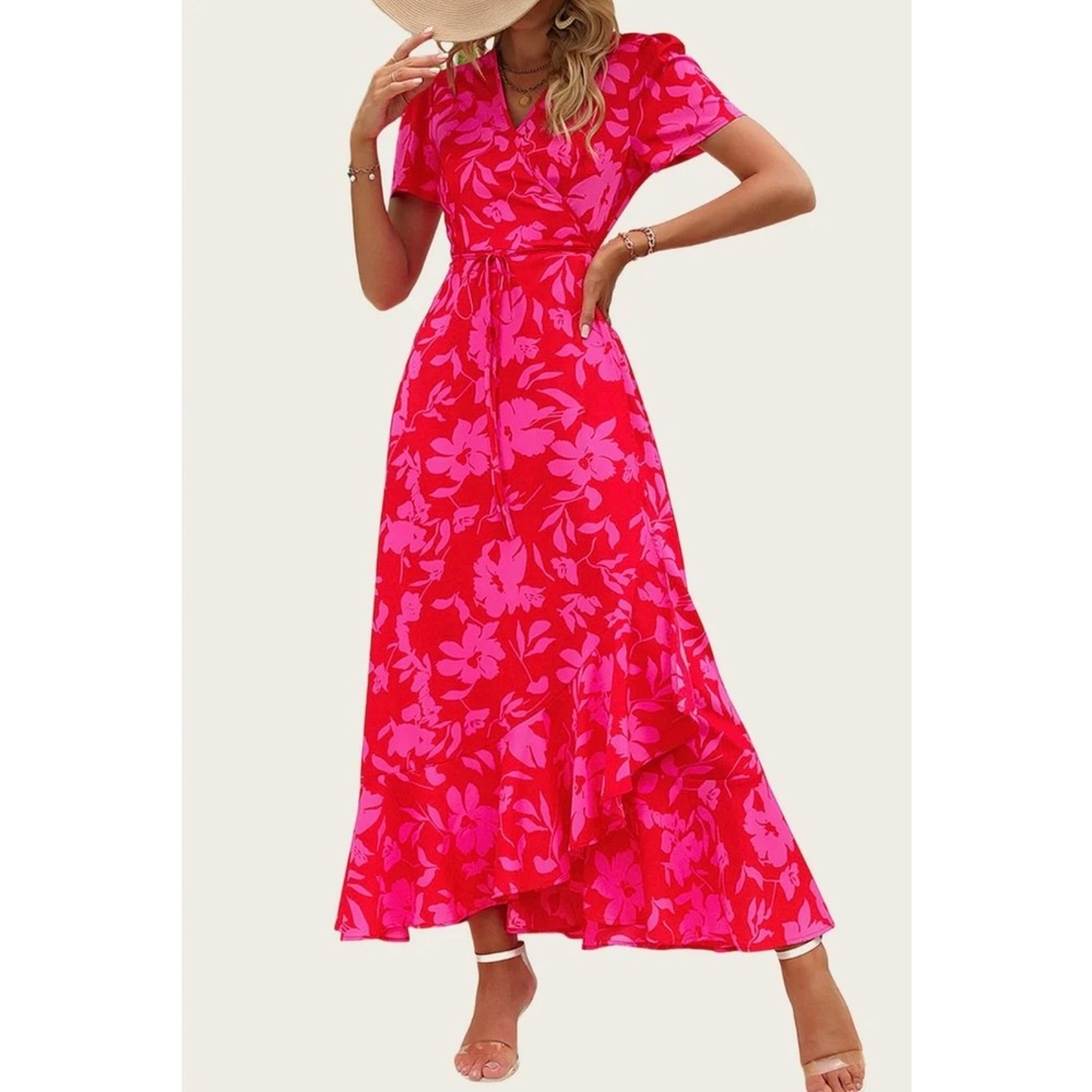 Pretty Garden Red Pink Floral Wrap Midi Dress Women's XL Ruffle Hem Short Sleeve